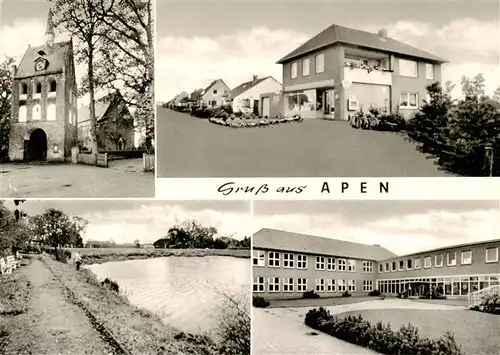 AK / Ansichtskarte 73872743 Apen_Ammerland_Niedersachsen Stadttor Kaufladen Weiher Schule 