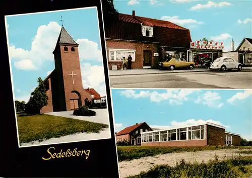 AK / Ansichtskarte 73872749 Sedelsberg_Saterland Kirche Kaufhaus Schule 