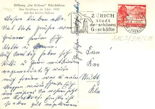 AK / Ansichtskarte  Rueschlikon_ZH Das Strohhaus 1932 mit den beiden Stiftern 