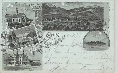 AK / Ansichtskarte  Goldau_Arth_SZ Panorama Kirche Alpen Insel Schwanau Bahnhof Litho 