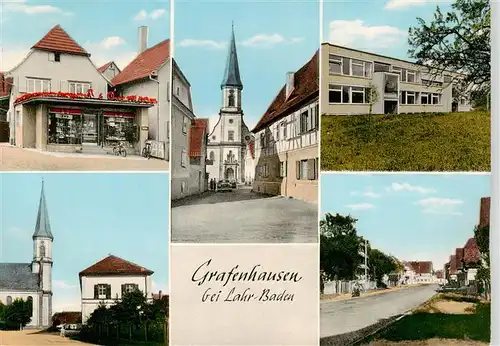 AK / Ansichtskarte 73873399 Grafenhausen_Ortenau_Kappel-Grafenhausen Lebensmittelgeschaeft Kirche Schule Strassenpartie 