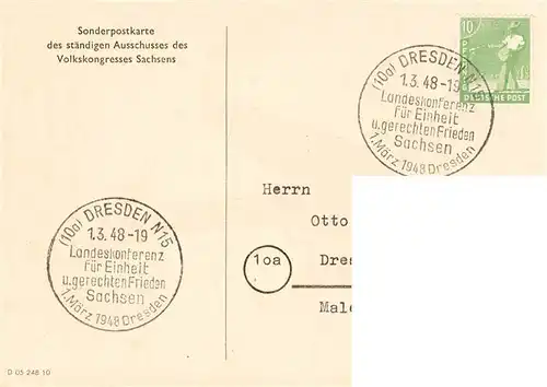 AK / Ansichtskarte 73873409 Dresden_Elbe Landeskonferenz fuer Deutschlands Einheit und gerechten Frieden Sonderpostkarte Sonderstempel 