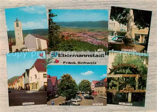 AK / Ansichtskarte 73873577 Ebermannstadt Ev Kirche Total Marienbrunnen Hauptstrasse Marktplatz Altes Muehlrad Ebermannstadt