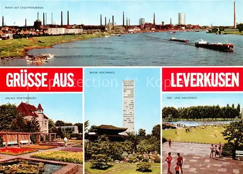AK / Ansichtskarte 73873582 Leverkusen Rhein mit Stadtpanorama Anlage Doktorsburg Bayer Hochhaus Frei und Hallenbad Leverkusen