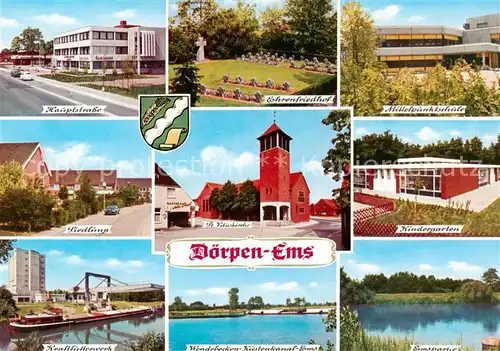 AK / Ansichtskarte 73873647 Doerpen_Emsland Hauptstrasse Ehrenfriedhof Mittelpunktschule Siedlung S t Vituskirche Kindergarten Kraftfutterwerk Wendebeckn Kuestenkanal Emspartie 