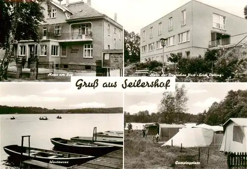AK / Ansichtskarte 73873667 Seilershof_Gransee Gaestehaus Haus am See Heim der Deutschen Post Erich Dolling Bootsanleger Wentowsee Campingplatz 
