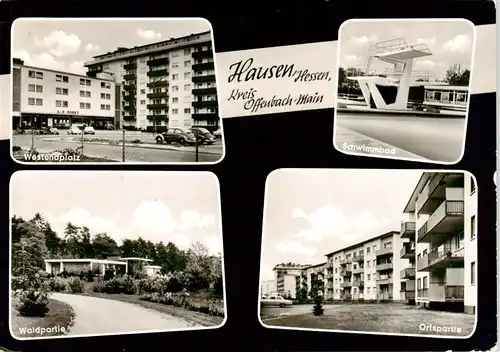 AK / Ansichtskarte  Hausen_Hessen_Offenbach Westendplatz Schwimmbad Sprungturm Ortspartie Partie am Wald Bungalow 