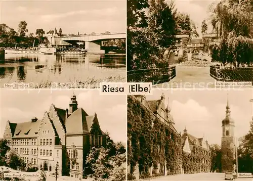 AK / Ansichtskarte  Riesa_Sachsen Neue Elbbruecke Freitreppe im Stadtpark Max Planck Oberschule Rathaus Riesa Sachsen