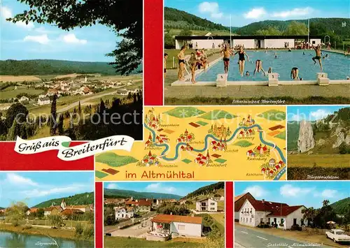 AK / Ansichtskarte 73873868 Breitenfurt_Dollnstein Panorama Schwimmbad Burgsteinfelsen Liegewiese Gaststaette Altmuehlhaus Breitenfurt_Dollnstein