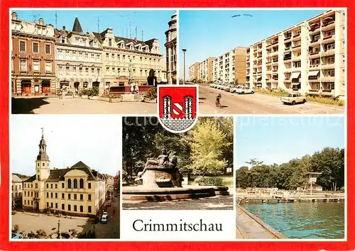 AK / Ansichtskarte 73873984 Crimmitschau Markt Strasse der Freundschaft Rathaus Brunnen im Friedenspark Sahnbad Crimmitschau