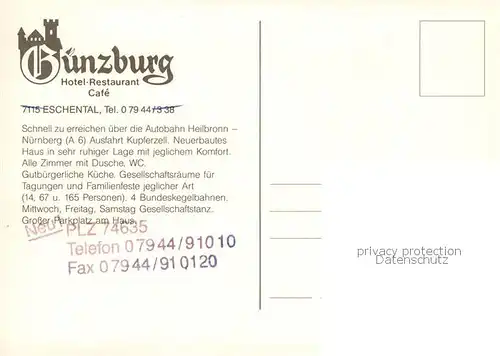 AK / Ansichtskarte 73873992 Eschental_Kupferzell Hotel Restaurant Cafe Guenzburg Fliegeraufnahme 