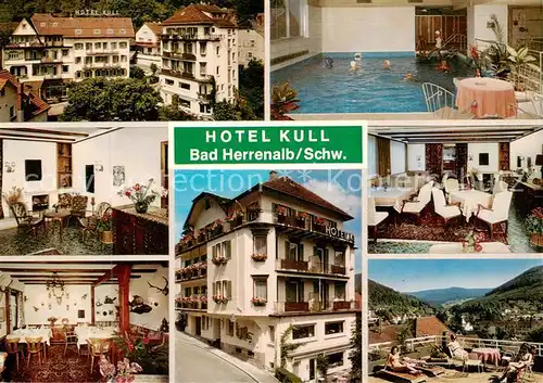 AK / Ansichtskarte 73874016 Bad_Herrenalb Hotel Kull mit Jaegertube Hallenbad Gastraeume Terrasse Bad_Herrenalb