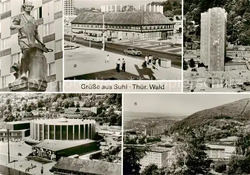 AK / Ansichtskarte  Suhl_Thueringer_Wald Brunnenplastik Waffenschmied Waffenmuseum Wilhelm Pieck Strasse Stadthalle der Freundschaft Panorama Suhl_Thueringer_Wald