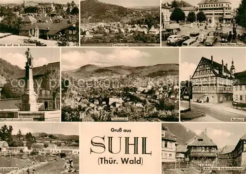 AK / Ansichtskarte  Suhl_Thueringer_Wald Kulturhaus Teilansicht Karl Marx Platz Waffenschmiedbrunnen Panorama Rathaus Schwimmbad Alt Suhler Fachwerkhaeuser Suhl_Thueringer_Wald