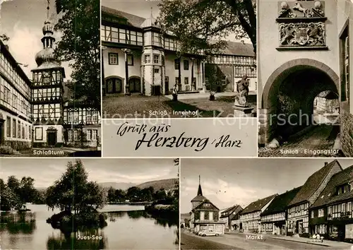 AK / Ansichtskarte  Herzberg_Harz Schlossturm Schloss Innenhof Eingangstor Jues See Markt Herzberg Harz