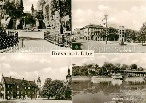 AK / Ansichtskarte  Riesa_Sachsen Stadtpark Leninplatz Rathaus und Kirche Dampferanlegestelle Riesa Sachsen