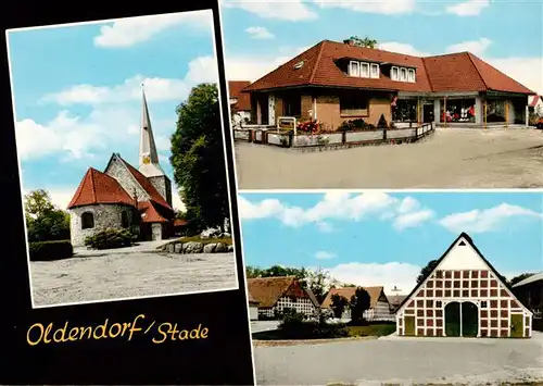 AK / Ansichtskarte 73874561 Oldendorf_Stade Kirche Ortsansicht Ladengeschaeft Oldendorf_Stade
