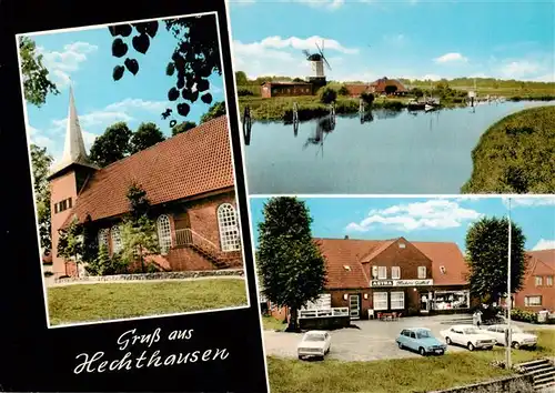 AK / Ansichtskarte 73874584 Hechthausen Kirche Gasthof Partie am Wasser Hechthausen