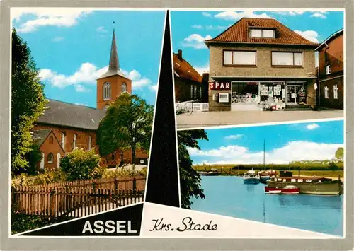 AK / Ansichtskarte 73874588 Assel_Drochtersen Kirche SPAR-Markt Partie am Wasser 