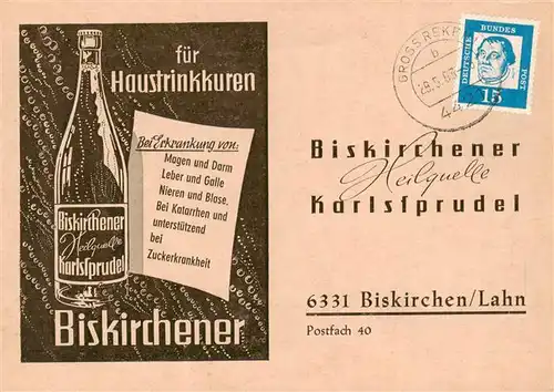 AK / Ansichtskarte 73874875 Biskirchen_Leun Biskirchener Heilquelle Karlssprudel Bestellkart 