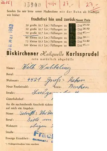 AK / Ansichtskarte 73874875 Biskirchen_Leun Biskirchener Heilquelle Karlssprudel Bestellkart 