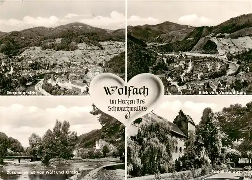 AK / Ansichtskarte  Wolfach Gesamtansicht Panorama Blick vom Vorstadtberg Zusammenfluss von Wolf und Kinzig Schloss Parkanlage Wolfach