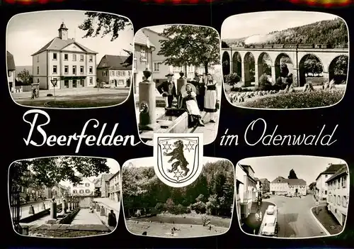 AK / Ansichtskarte  Beerfelden_Odenwald Teilansichten Brunnen Trachten Freibad Viadukt Dampflokomotive Bromsilber Beerfelden Odenwald