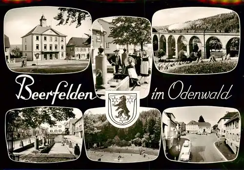 AK / Ansichtskarte  Beerfelden_Odenwald Teilansichten Stadtzentrum Brunnen Trachten Viadukt Dampflokomotive Bromsilber Beerfelden Odenwald