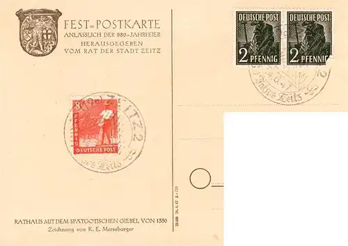 AK / Ansichtskarte  Zeitz Rathaus spaetgotischer Giebel 16. Jhdt. Festpostkarte anlaesslich der 980-Jahrfeier Merseburger Kuenstlerkarte Zeitz