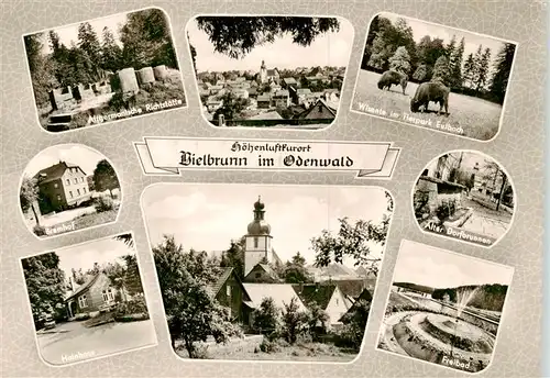 AK / Ansichtskarte 73875080 Vielbrunn Altgermanische Richtstaette Bramhof Hainhaus Ortsbild mit Kirche Wisente Tierpark Eulbach Dorfbrunnen Freibad Vielbrunn