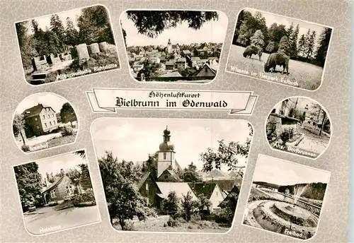 AK / Ansichtskarte  Vielbrunn Altgermanische Richtstaette Bramhof Hainhaus Ortsbild mit Kirche Wisente Tierpark Eulbach Dorfbrunnen Freibad Vielbrunn