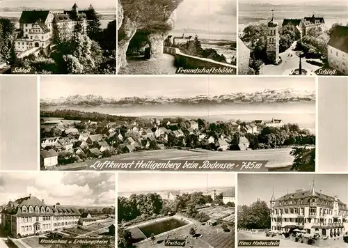 AK / Ansichtskarte 73875085 Heiligenberg_Baden Schloss Freundschaftshoehle Schloss Panorama Luftkurort Alpen Krankenhaus Erholungsheim Freibad Haus Hohenstein Heiligenberg_Baden