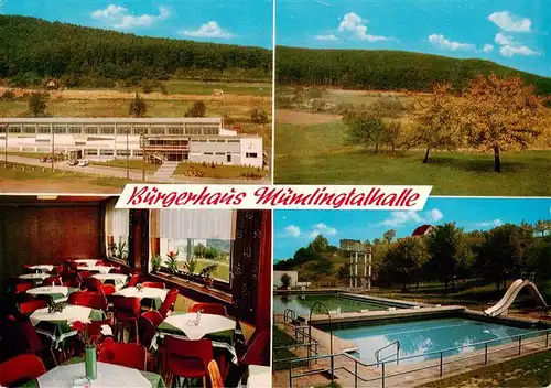 AK / Ansichtskarte 73875111 Sandbach__Odenwald Buergerhaus Muemlingtalhalle Restaurant Freibad Landschaft 