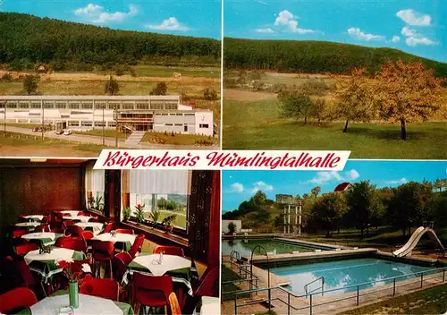 AK / Ansichtskarte  Sandbach__Odenwald Buergerhaus Muemlingtalhalle Restaurant Freibad Landschaft 