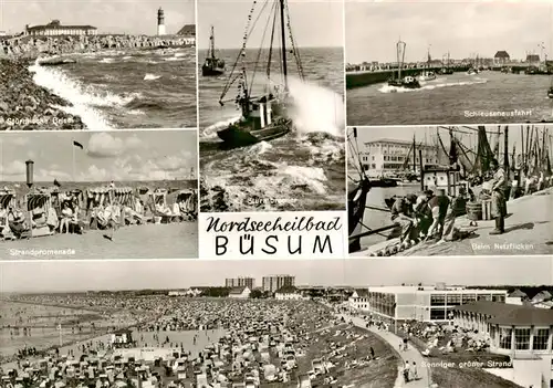 AK / Ansichtskarte  Buesum_Nordseebad Stuermische Brise Strandpromenade Sturmbrecher Schleusenausfahrt Fischer beim Netzflicken Strand Buesum_Nordseebad