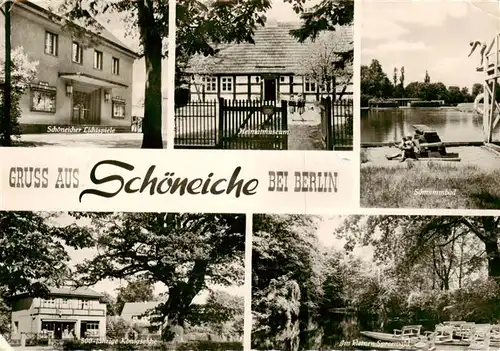 AK / Ansichtskarte  Schoeneiche_Berlin Schoeneicher Lichtspiele Heimatmuseum Schwimmbad 500jaehrige Koenigseiche Im kleinen Spreewald  Schoeneiche Berlin