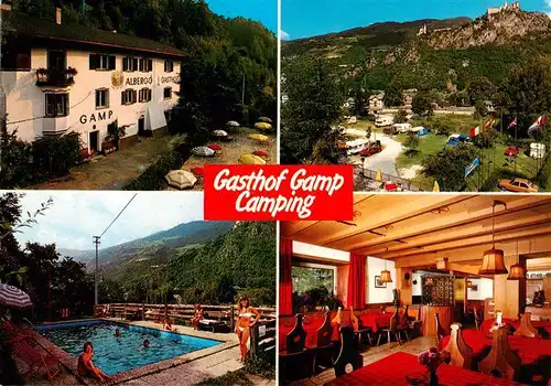 AK / Ansichtskarte 73875470 Klausen__Eisacktal_Suedtirol Gasthof Gamp Camping Pool Gastraum 