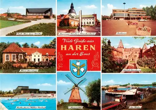 AK / Ansichtskarte  Haren_Ems Kath Herz Jesu Kirche Martinus Kirche Krankenhaus Rathaus Haus Landegge Schloss Dankern Hallen und Wellenfreibad Mersmuehle Am Hafen Haren_Ems