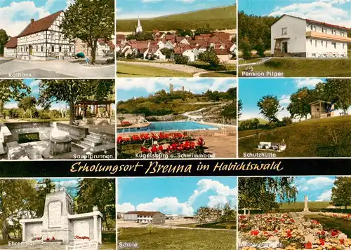 AK / Ansichtskarte 73875582 Breuna Rathaus Pension Pilger Sauerbrunnen Kugelsburg Schwimmbad Schutzhuette Ehrenmal Schule Heldenfriedhof Breuna