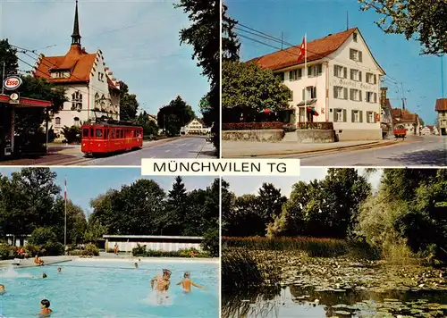 AK / Ansichtskarte  Muenchwilen_TG Strassenbahn Gasthof Engel Schwimmbad Schwanenteich Muenchwilen_TG