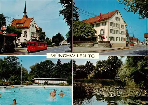 AK / Ansichtskarte  Muenchwilen_TG Strassenbahn Gasthof Engel Schwimmbad Schwanenteich Muenchwilen_TG
