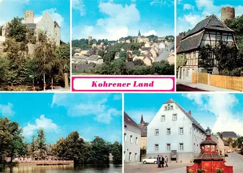 AK / Ansichtskarte 73876121 Kohren-Sahlis Burg Gnandstein Blick vom Lenkertsberg Ruine Kohren Konsum Gaststaette Lindenvorwerk und Markt mit Toepferbrunnen Kohren-Sahlis