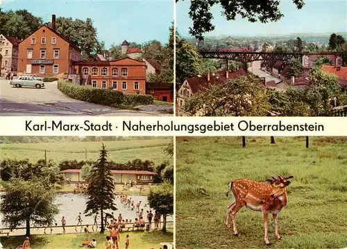 AK / Ansichtskarte 73876228 Karl-Marx-Stadt Burgblick Teilansicht Freibad Damhirsch im Wildgehege Karl-Marx-Stadt