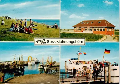 AK / Ansichtskarte 73876229 Strucklahnungshoern Badestrand Gaststaette Hafen mit Faehre MS Adler  Strucklahnungshoern