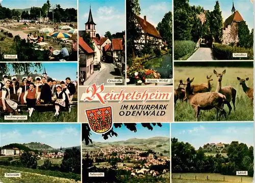 AK / Ansichtskarte 73876235 Reichelsheim_Odenwald Freibad Trachtengruppe Teilansichten Ortsstrasse Romantischer Winkel Schlosstor Rehwild Schloss Reichelsheim Odenwald