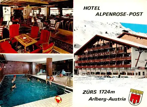 AK / Ansichtskarte 73876428 Zuers_Arlberg Hotel Alpenrose Post Gaststube Hallenbad Zuers Arlberg
