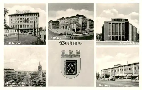AK / Ansichtskarte 73876513 Bochum Handelshof Rathaus Schauspielhaus Bongardstrasse mit Propsteikirche Stadtbad Bochum