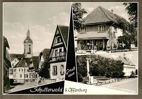 AK / Ansichtskarte 73876548 Schutterwald Kirchstrasse Centraldrogerie St Jakob mit Kriegerdenkmal Schutterwald