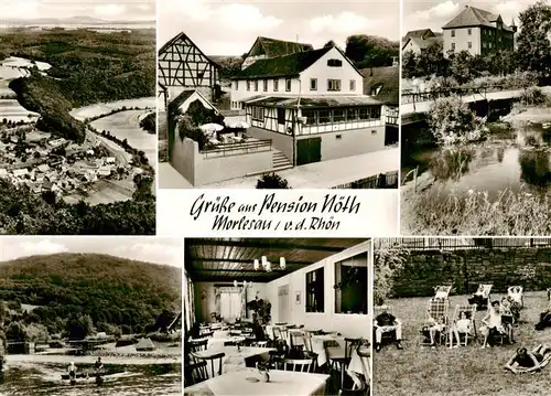 AK / Ansichtskarte 73876572 Morlesau_Hammelburg_Unterfranken Hotel Pension Noeth Panorama Gastraum Liegewiese Teich Panorama 