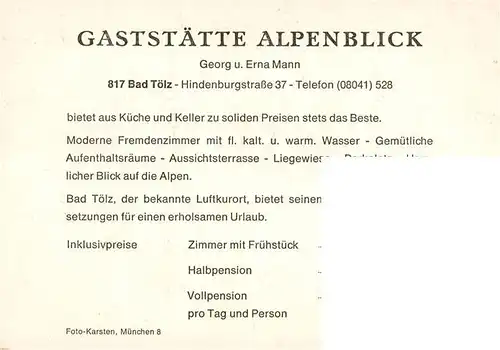AK / Ansichtskarte  Bad_Toelz Gaststaette Alpenblick Gaststube Panorama Bad_Toelz